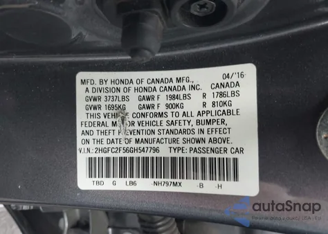 2016 Honda Civic Lx from USA, damaged, VIN 2HGFC2F56GH547796